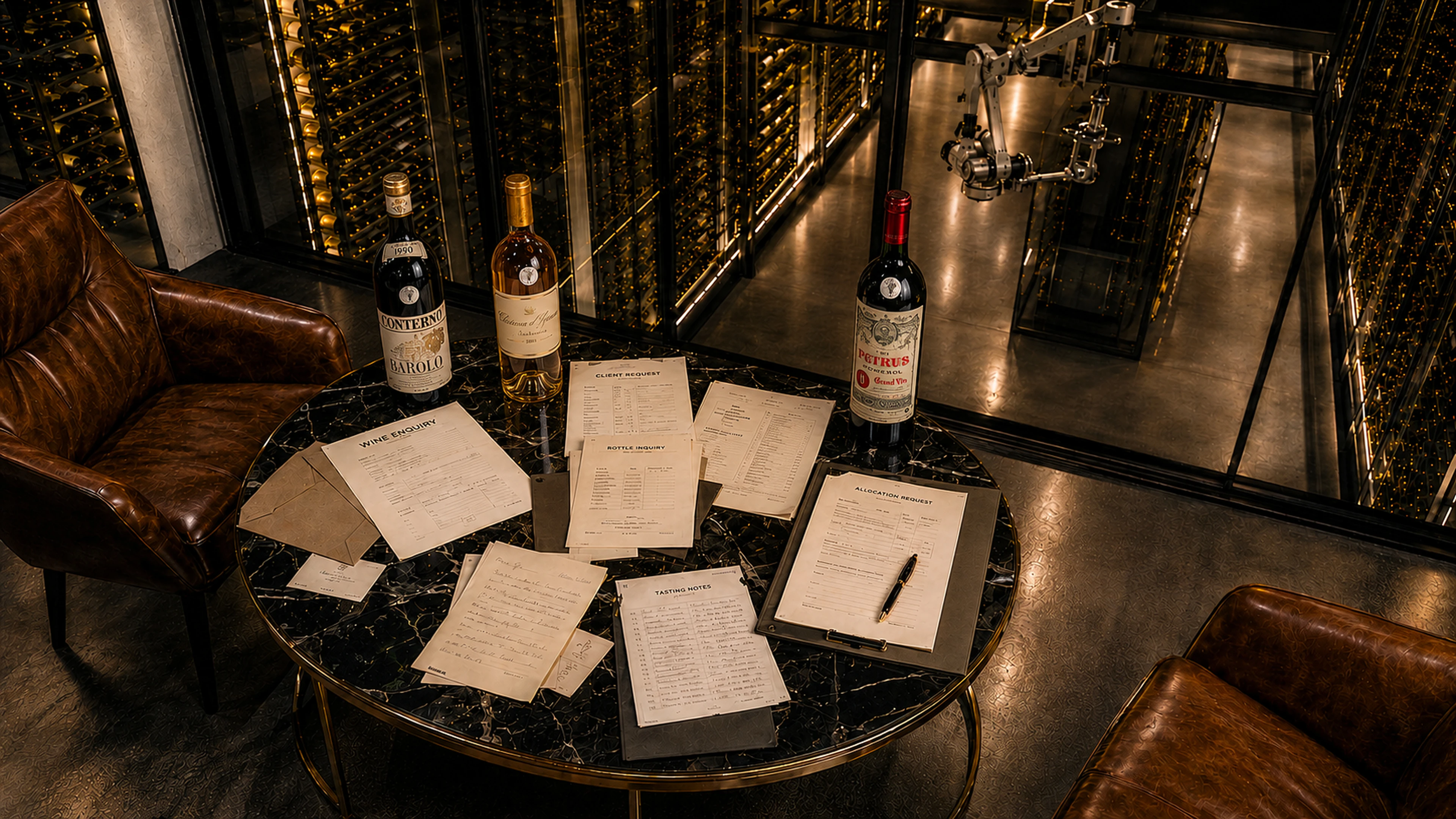 enquiry forms, allocation requests and tasting notes laid out on the table in the cellar