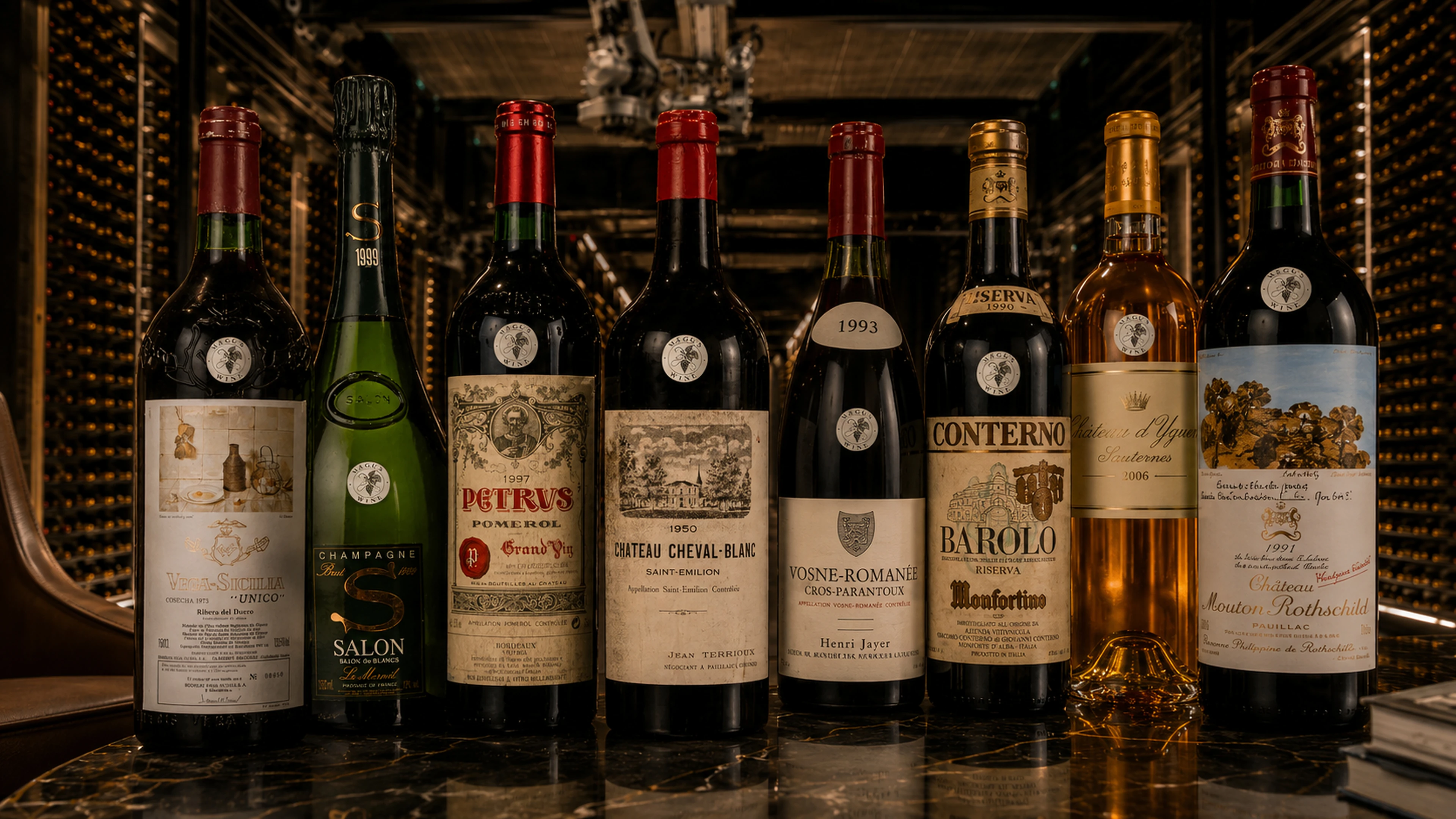 eight bottles from the offering, each tagged with the house mark, on the marble counter with the racked cellar behind